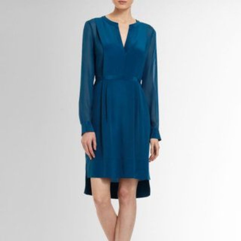 BCBGMAXAZRIA EMINA 100% SILK TURQUOISE LONG SLEEVE A-LINE FIT & FLARE DRESS - S